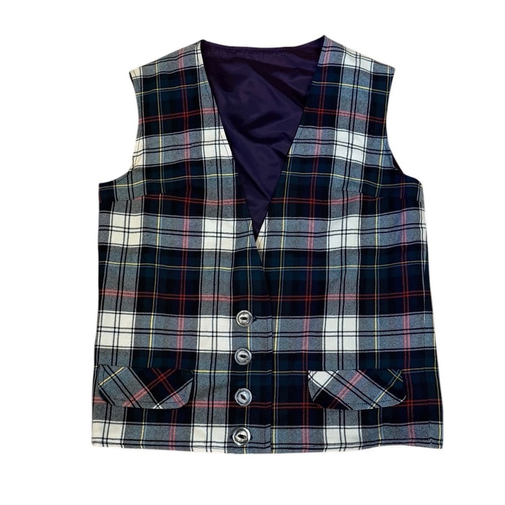 70s Plaid Button Up Vest Navy Green Tartan Flap Pockets Lined Preppy‎ Academic M